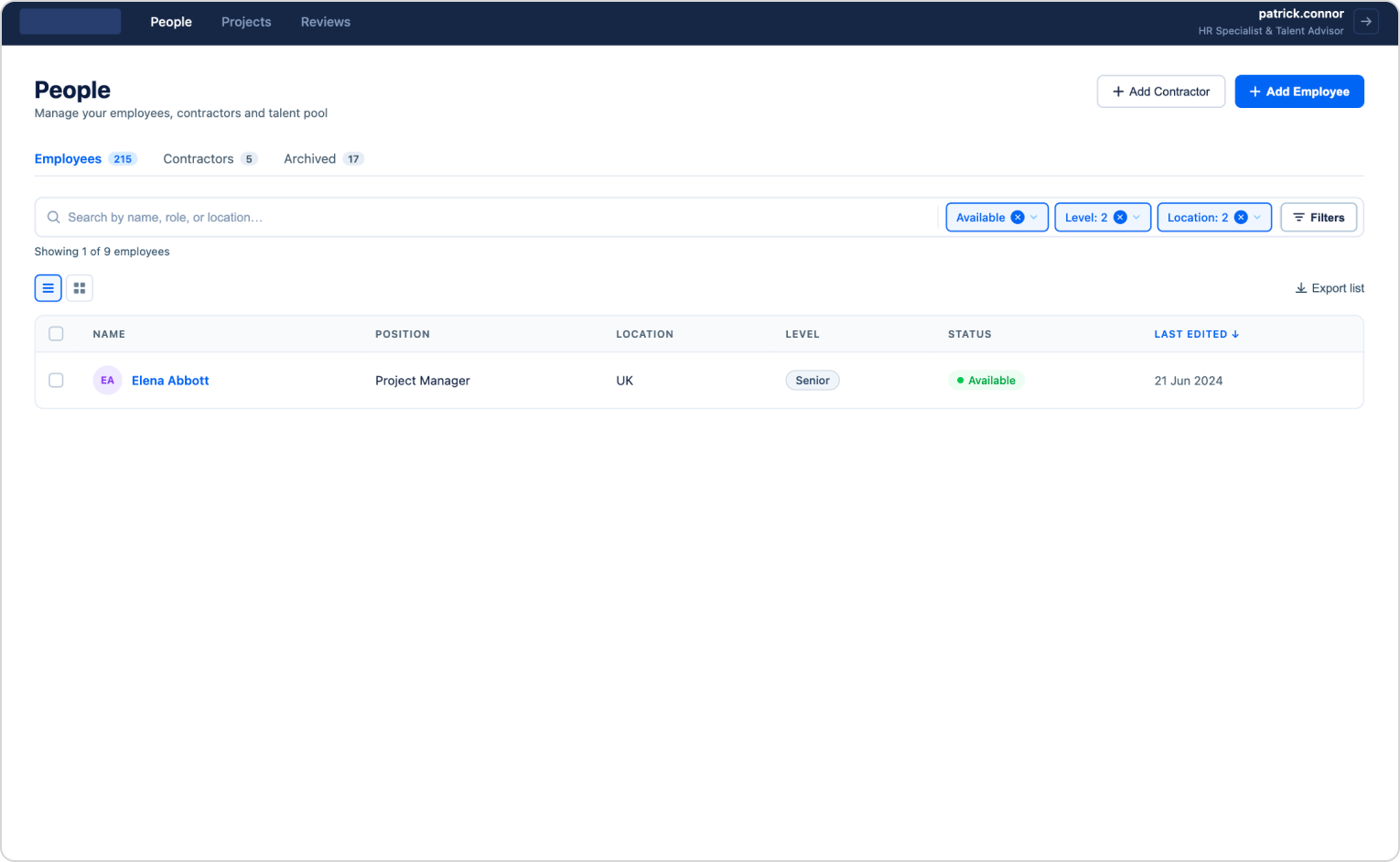 EmployeeBook search with active filters showing filtered results