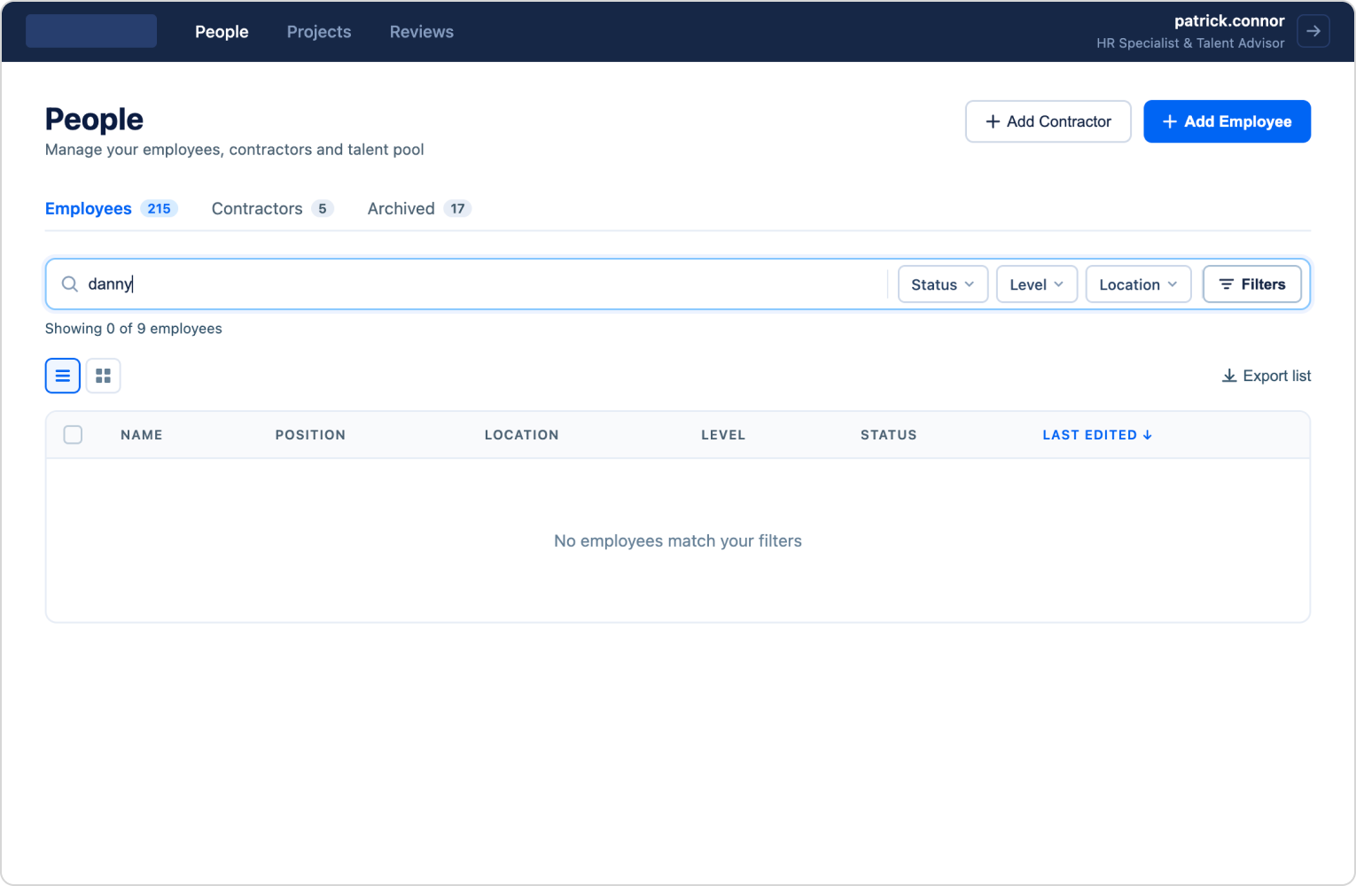 EmployeeBook empty state shown when no employees match the search