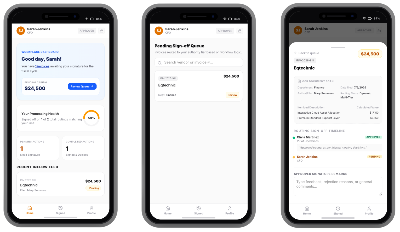 Mobile approval screens — dashboard, queue, and invoice review