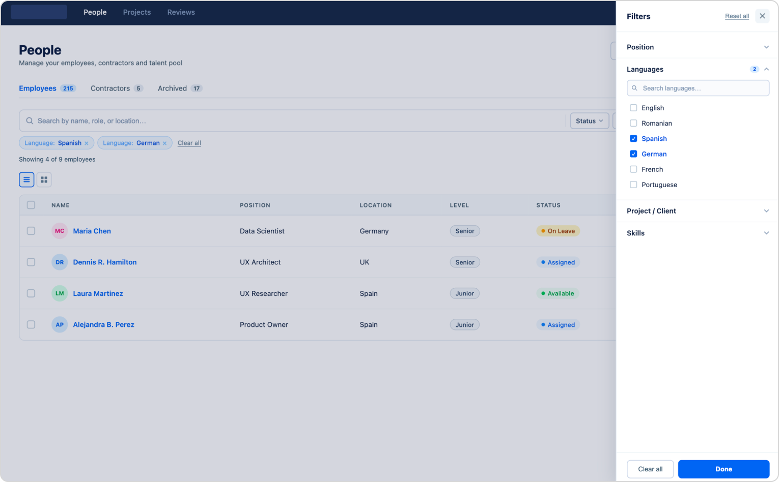 EmployeeBook advanced filters side panel with language selection