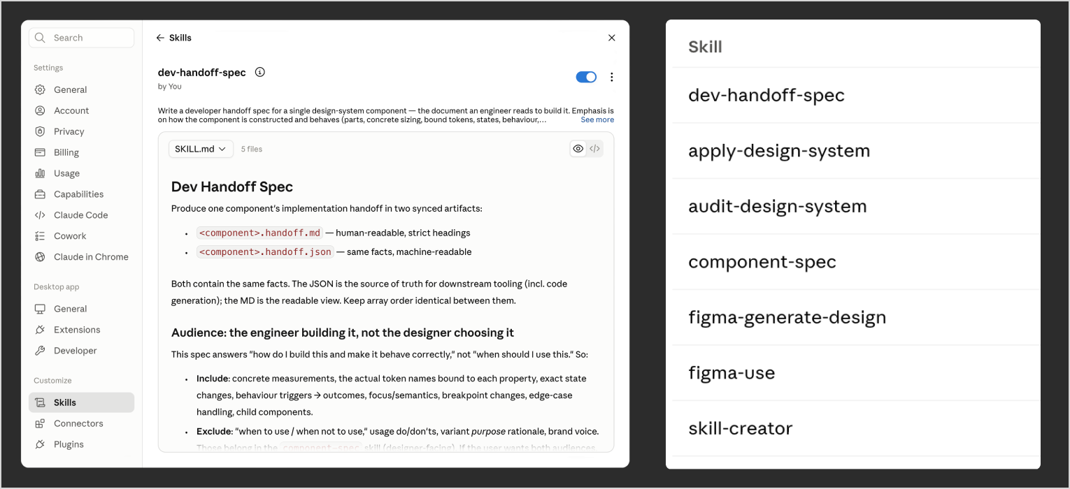Claude Skills settings panel showing dev-handoff-spec skill with SKILL.md preview, alongside a list of custom skills