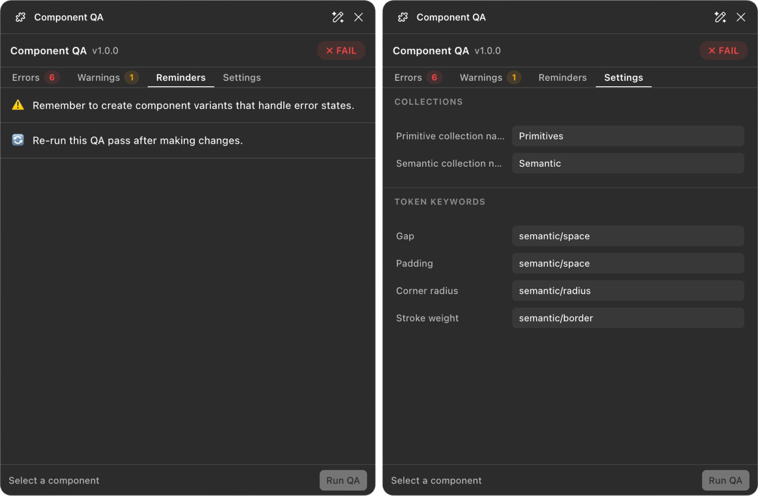 Component QA plugin — Reminders and Settings panels side by side