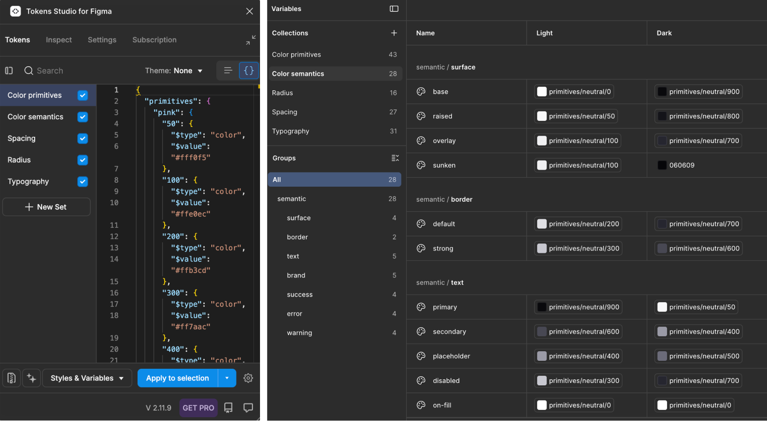 Tokens Studio for Figma plugin alongside Figma Variables panel