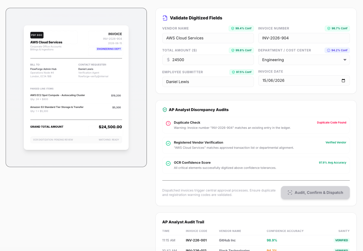 Invoice validation screen — desktop