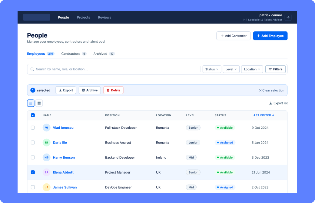 EmployeeBook talent management table interface