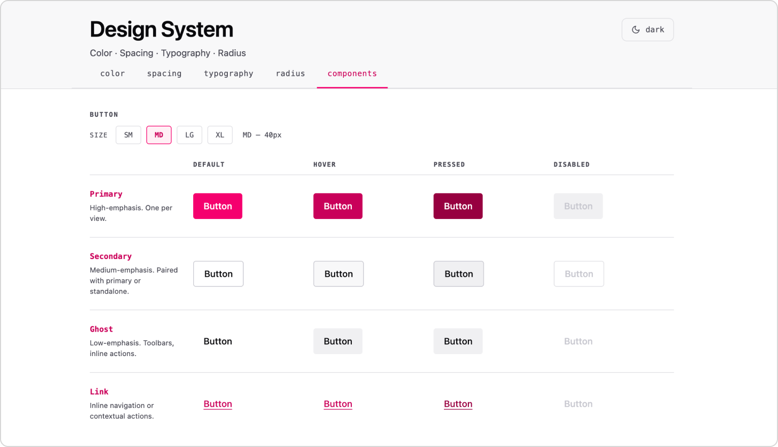 Design system components page showing button variants and states