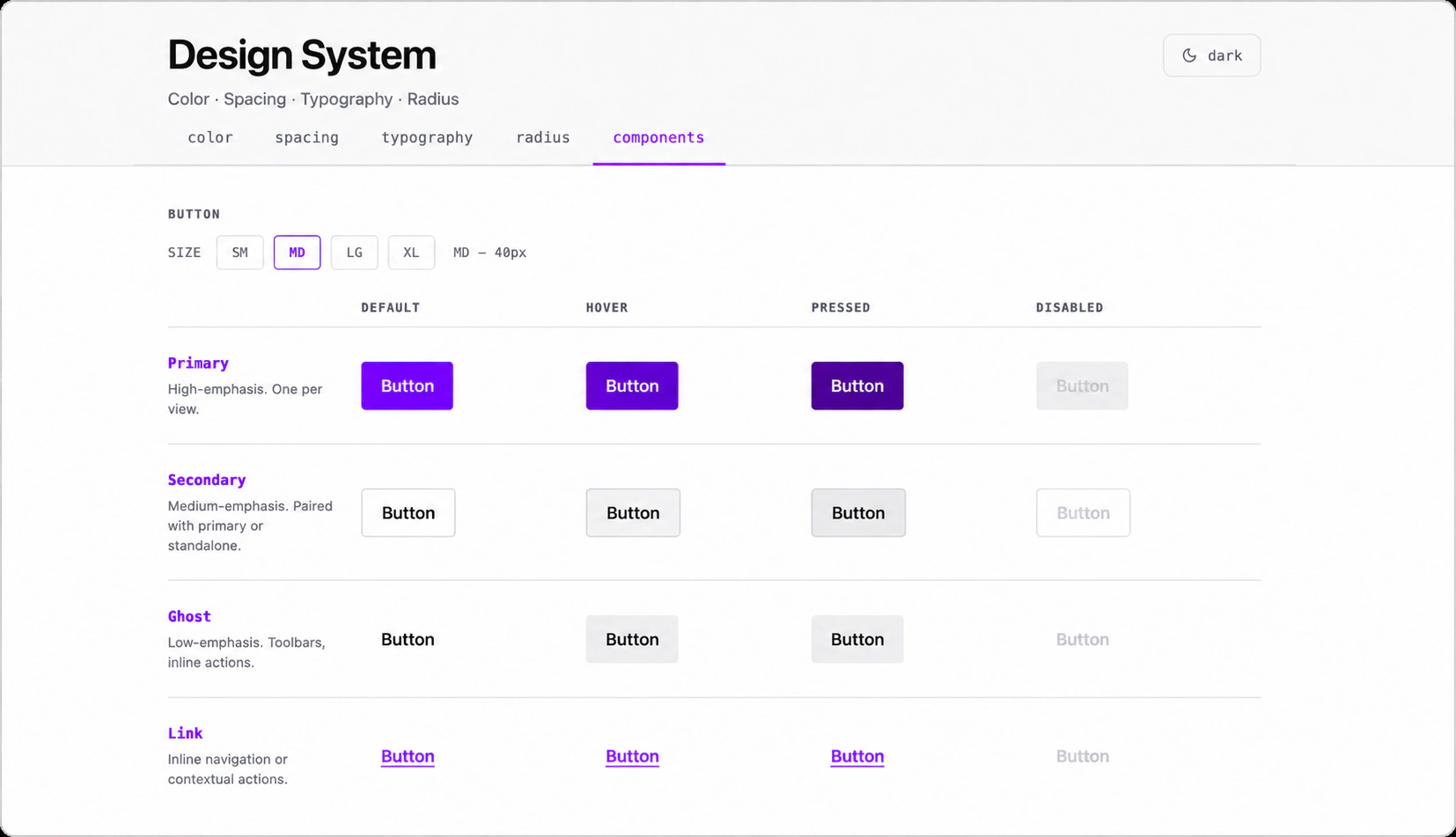 Design system components page showing button variants and states