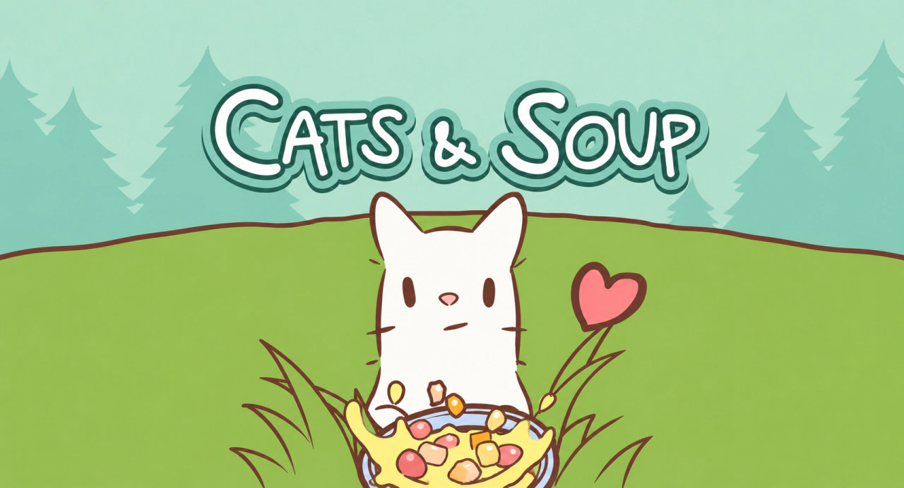 Cats and Soup artwork featuring a white cat holding a bowl of soup against a mint forest landscape