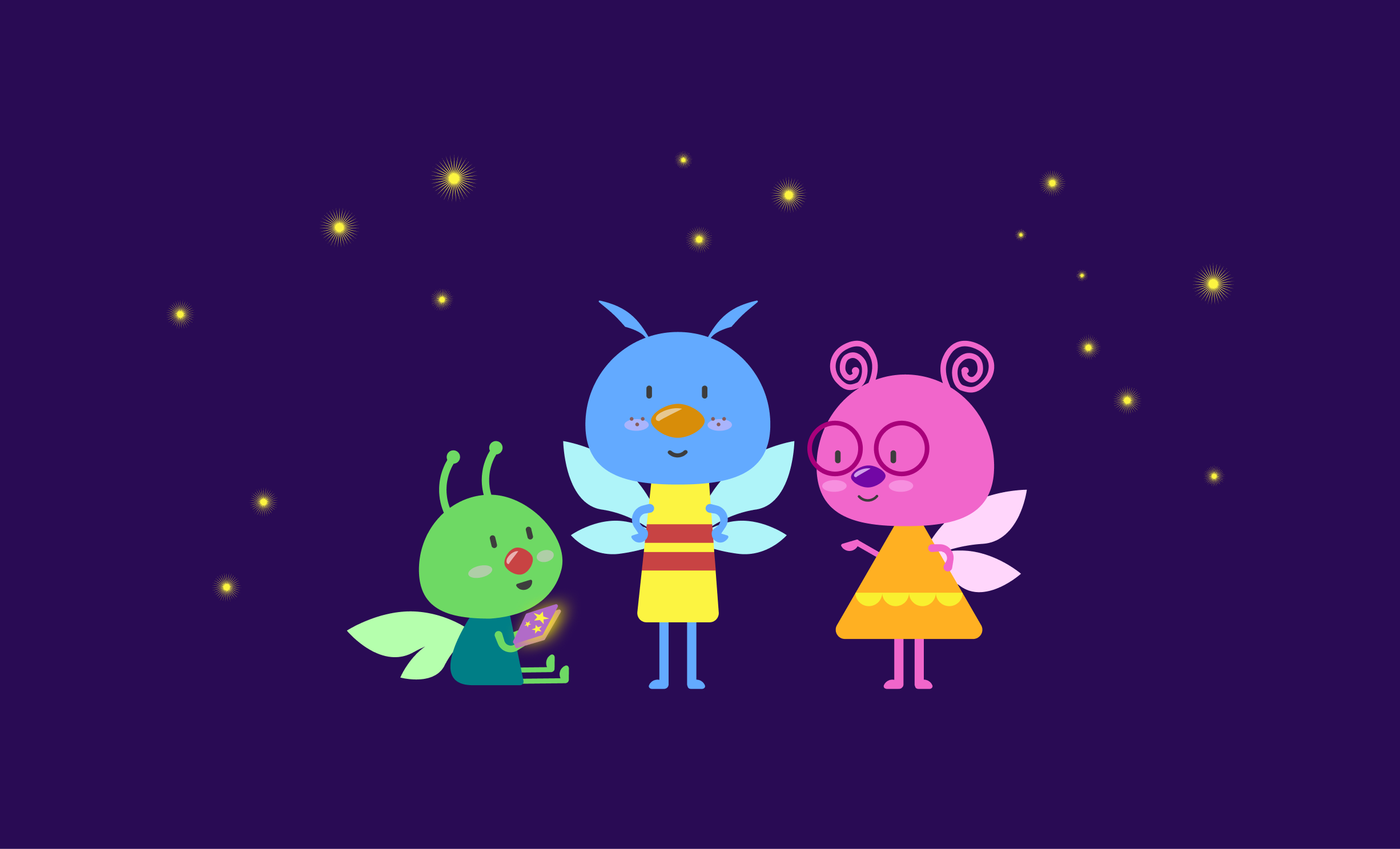 Three colorful firefly characters surrounded by glowing yellow lights against a purple night sky